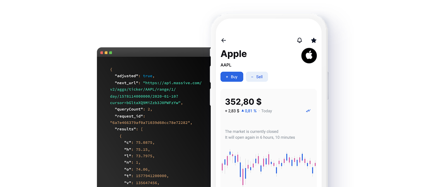 A screenshot displaying a JSON response with stock data on one side and a graphical user interface presenting the same information, illustrating the types of applications you can build with Massive data